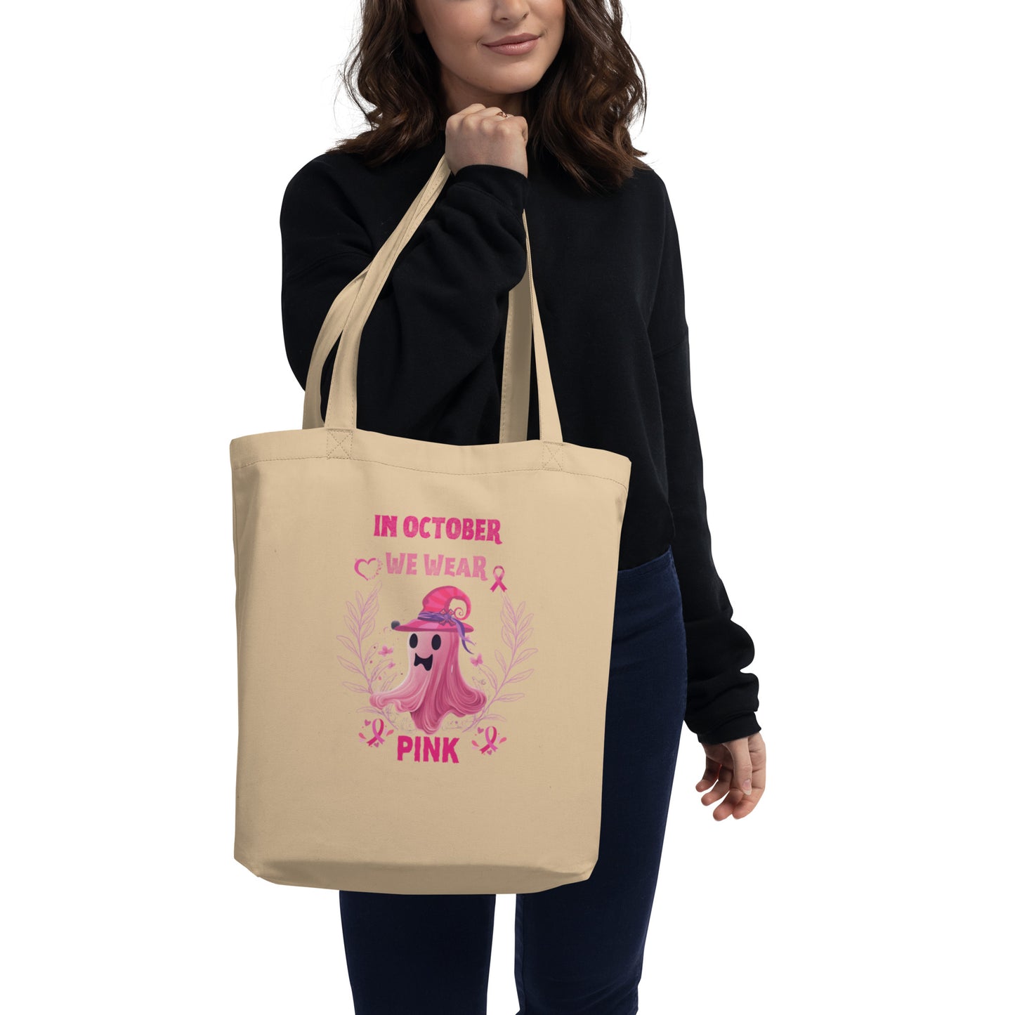 In October We Wear Pink Ribbon Witch Halloween Breast Cancer tote bag seasonal.