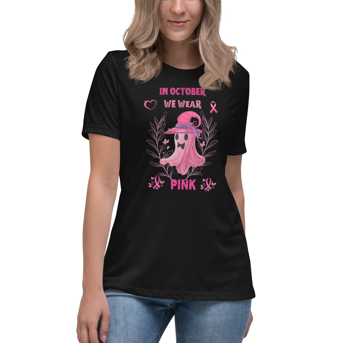 In October We Wear Pink Ribbon Witch Halloween Breast Cancer T-Shirt-seasonal.