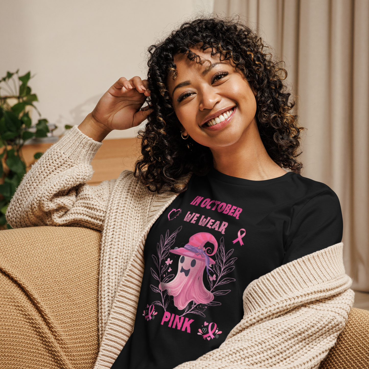 In October We Wear Pink Ribbon Witch Halloween Breast Cancer T-Shirt-seasonal.