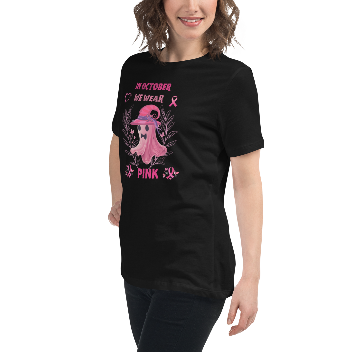 In October We Wear Pink Ribbon Witch Halloween Breast Cancer T-Shirt-seasonal.