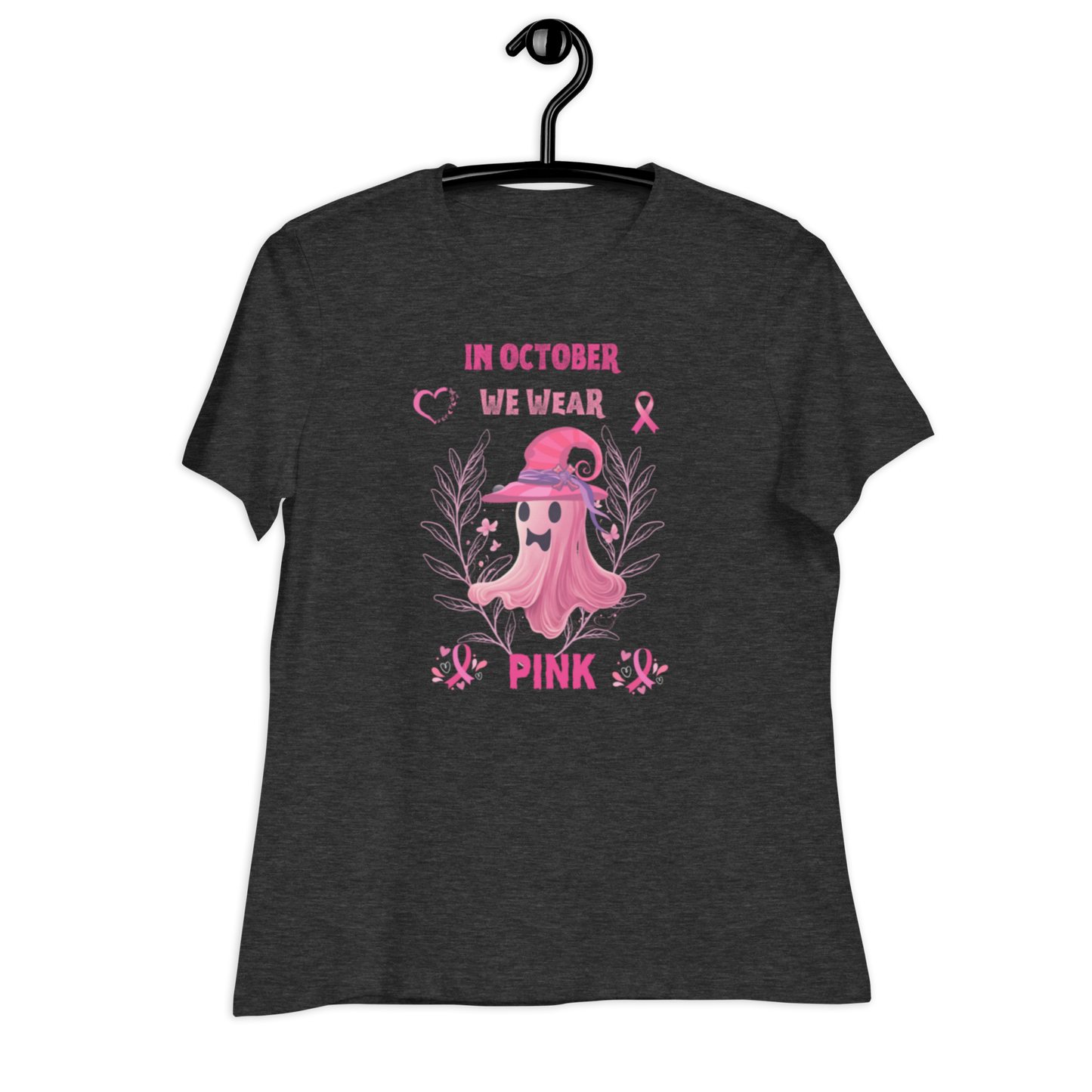 In October We Wear Pink Ribbon Witch Halloween Breast Cancer T-Shirt-seasonal.